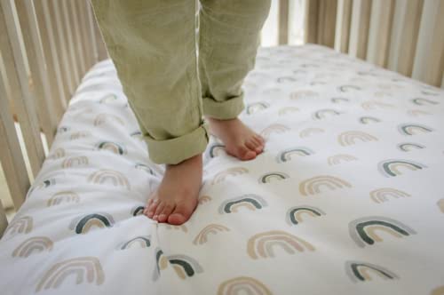 Nodnal Co. 3 Fitted Crib Sheets Rainbow & Solid Colors Set - 100% Oeko-Tex Cotton For Baby Girl/Boy Nursery Bedding - Boho Gender Neutral Watercolor Beige/Tan Set Toddler Mattress 28”X52”X9” Sheet #TOP6