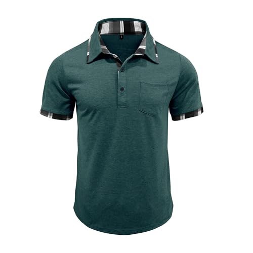 Maiyifu-GJ Men's Stylish Checkered Collar Henley Shirts Summer Lightweight Tees Pocket Casual Business Tops (Green,Large)2