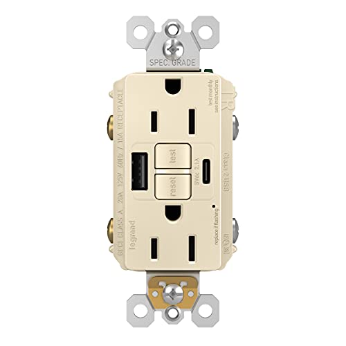 Legrand Radiant 15 Amp GFCI Self-Test Tamper Resistant Decorator Duplex Power Outlet with USB Type A & C Ports, 1597TRUSBACLA, Light Almond, 1 Count by Legrand - Used condition - US$25.58