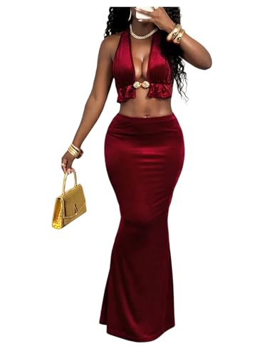 Verdusa Women's 2 Piece Velvet Outfits Ruffle Crop Halter Tops with Maxi Skirt Festival Outfits...