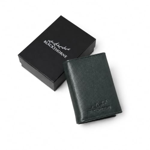 Image of BLACKTHORNE Leather Trifold Wallet for Men | Stylish RFID Blocking Slim Wallet with Metallic Card Holder, Slide Button Pop-Up, Zipper Coin Pocket & Magnetic Closure (Olive Green)