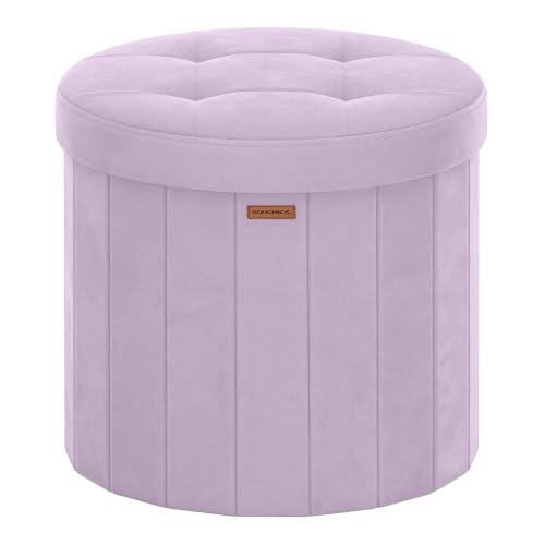 Image of SONGMICS Mazie Collection - Round Storage Ottoman, Folding Footrest Stool with Removable Lid, Easy Assembly, Velvet Vanity Stool for Bedroom, Living Room, Entryway, Purple ULSF608PE01