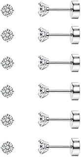 Diamday 6 Pairs 20G Stud Cartilage Earring for Women Men Girls 2-5mm Flat Back Earring Set 316L Surgical Steel Tragus CZ Small Helix Piercing Jewelry Hypoallergenic