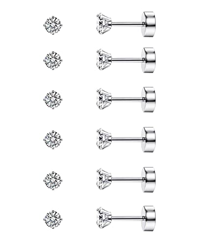 Diamday 6 Pairs 20G Stud Cartilage Earring for Women Men Girls 2-5mm Flat Back Earring Set 316L Surgical Steel Tragus CZ Small Helix Piercing Jewelry Hypoallergenic(3MM)