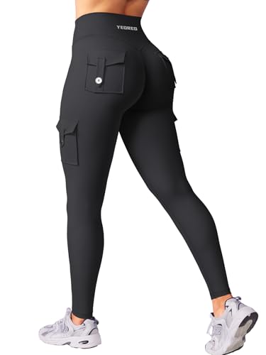 YEOREO CoreFlex Sports Leggings for Women with Pockets Invisible Scrunch Butt Gym Leggings High Waist Boom Booty Seamless Push Up Opaque Yoga Sports Legging Black XS