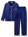 Topgal Trendy Satin Silky Navy Blue Pajamas for Big/Teen Girls Long Sleeve Button Down Sleepwears Size 12