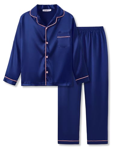 Topgal Trendy Satin Silky Navy Blue Pajamas for Big/Teen Girls Long Sleeve Button Down Sleepwears Size 12