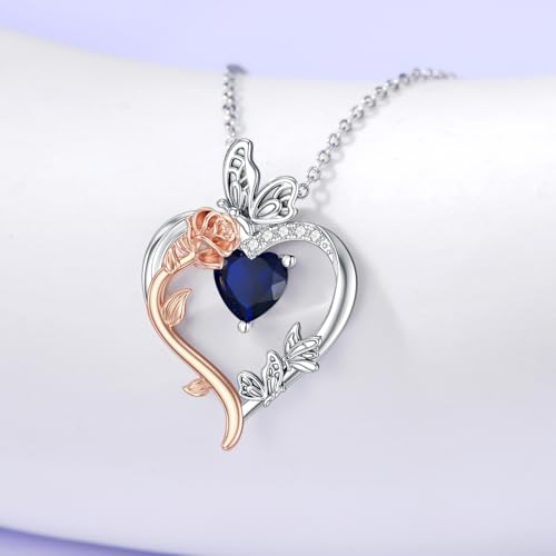 TOUPOP Rose Heart Birthstone Necklace 925 Sterling Silver Heart Butterfly Pendant Love Jewelry Birthday Christmas Gifts for Women Her4