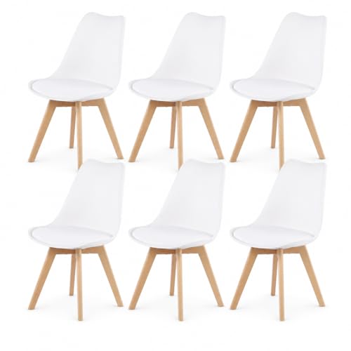 EGGREE 6er Set Esszimmerstühle mit Massivholz Buche Bein SGS Geprüfter Retro Design Gepolsterter Stuhl Küchenstuhl Holz Weiß