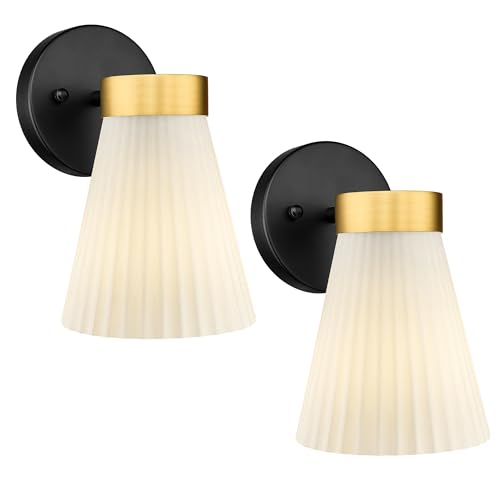 Image of Set of 2 Wall Sconces for Bathroom, HWH 1-Light Bathroom Vanity Light with Frosted Milk White Striped Glass, Indoor Wall Mount Lighting Fixtures, Black and Gold Finish, 5HZG97B-2PK BK+BG