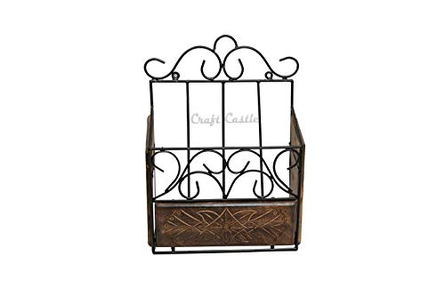 Image of Wood & Wrought Iron Modern Elegance Magazine Newspaper & Book Wall Rack for Home & Office, Black & Natural Finish, 38x28x11 cm