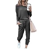 Beaufident Damen Hausanzug Sportanzug Set Jogginganzug Damen Freizeitanzug Frauen Trainingsanzug Set 2 Teiliges Langarm Hosenanzug Loose Fitnessanzug für Running Yoga Gym Sportswear,A Dunkelgrau ,L