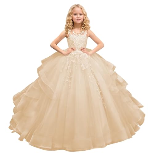 Tulle Princess Sleeveless Pageant Dresses Long Lace Applique Flower Girl Dress Kids Birthday Party Ball Gown