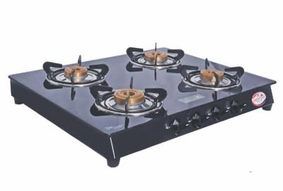 Vansh Homes Toughened Black Glass Top (6mm) Gas Stove, Black Glass Top, Manual Ignition, Brass Burners (VH-4B-401-GT)