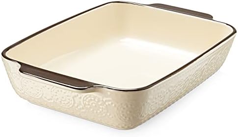 LIFVER 9x13 Baking Dish, Brown Embossed Rectangular Lasagna Pan with Handle, Non-Stick Carbon Steel Rimmed Cookie Sheet Pan for Oven, 3.4qt Ceramic Casserole Dish for Cooking