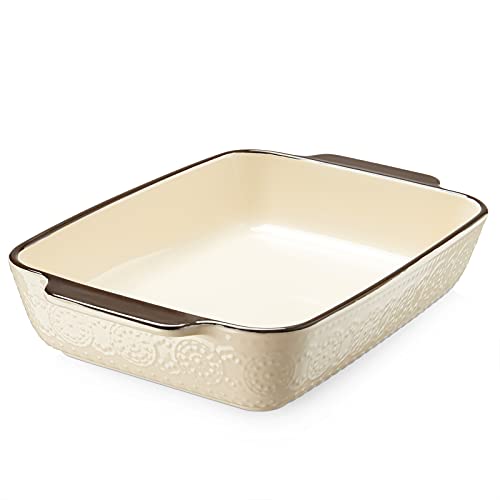 LIFVER Baking Dish,3.4 Quart Lasagna Pan,13 Inches Embossed Rectangular Bakeware with Handle, Ceramic Baking Dishes for Oven,Microwave,Dishwasher Safe,13 x 9.8 x 2.75 Inch Casserole Dish for Cooking