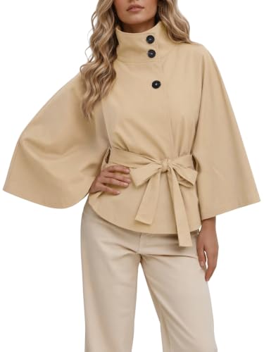 Cicy Bell Womens Cropped Trench Coat Cape Sleeve Stand Collar Belted Jacket