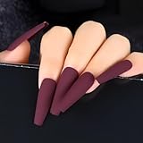 LuckForever 100pc Long Press on Nails Coffin Fake Nails Matte Coffin Press on Nails Medium Ballerina False Nai Maroon Colored Full Cover Nail Tips Acrylic Presson Nail Women Girls Manicure DIY