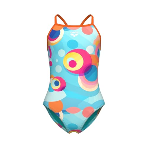 Image of ARENA Feel Girls' Junior Leisure Light Drop Back Swimsuit Thin Straps UV Protection Chlorine Resistant Quick Drying Comfortable One Piece Bathing Suit, Blue Multi /Team Orange, US Size 8-10 Jr /26