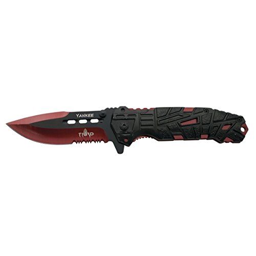 THIRD Yankee Folding Knife K2796RDS, Black Aluminium Handle with Holes, Stainless Steel Blade 10.5 cm Black with Anodized Cutting in red with Saw Blade. with Sheath. with Clip