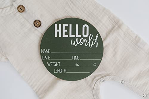 Image of Baby Announcement Sign for Newborn Boys and Girls (Color Bases) - Hello World Nursery Decor Sign & Photo Prop for Babies Made of Birch Wood - 6 inch Circle Board (Green)