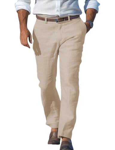 Men’s Linen Leisure Dress Pants Flat-Front Summer Beach Outdoor Casual Trousers Loose Fit Holiday Vacation Pant