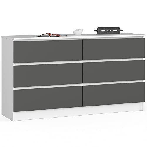 AKORD Commode K-140 avec 6 Tiroirs | Commode Classique pour La Chambre, Salon | Meuble de Rangement | L138 x H77 x P40 cm, Poids 51 kg | Blanc & Gris Graphite...