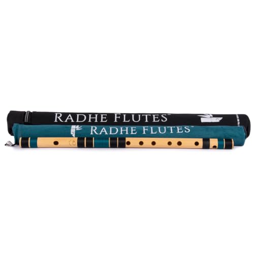 Image of Radhe Flutes Bamboo Bansuri C Sharp Right Handed Middle Octave (18 inch) With Hard Cover (Beige Flute With Black & Dark Green Threads)