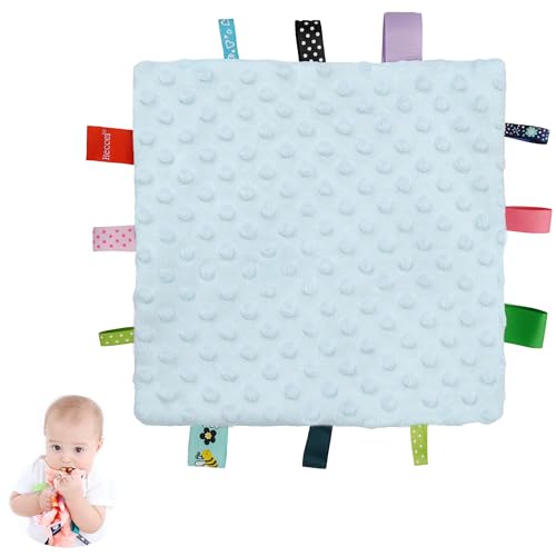 Image of HECCEI Baby Tags Security Blankets - Baby Soothing Plush Blanket with Colorful Tags, Square Sensory Toys, 10 x 10 inches, for 3-12 Months Babies(Blue)