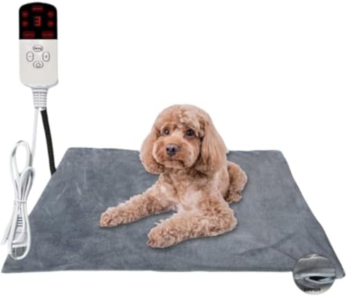 VoyageView ペット用ヒーター付きラグ 猫・中型・大型犬用 電気ヒーターパッド ヒーターマット 9段階温度設定 4段階タイマー機能 防寒・過熱防止・噛みつき防止 防水 カバー2枚付き ふわふわ生地 お手入れ簡単 (45*70cm,青+グレーの布カバ