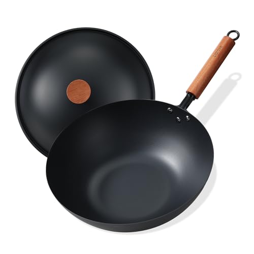 Image of CAROTE 12" Carbon Steel Wok Pan, 4.5QT Woks & Stir-fry Pans, No Chemical Coated Pre-Seasoned Flat Bottom Wok with Lid for Stir Fry, BBQ, Grill & Camping, All Stovetop Compatible, Black