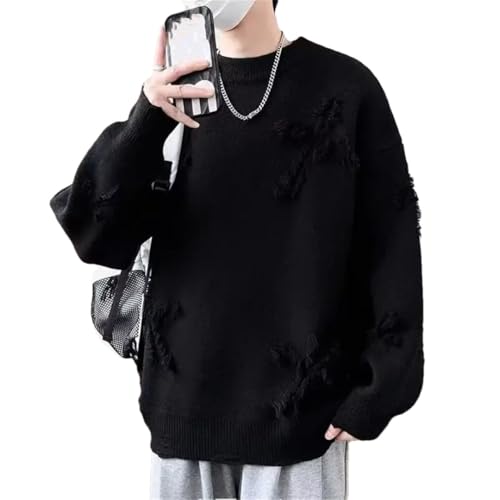 Men's High Street Vintage Hole Detail Knit Pullover Long Sleeve Full Length Loose Fit Casual Sweater - Main Image