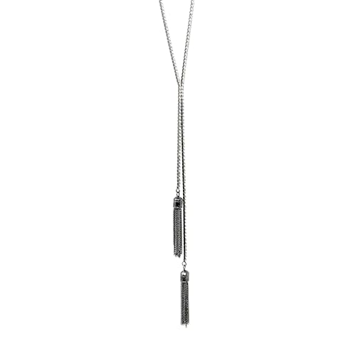 Lariat Silver Necklace, Dainty Long Necklace With Crystal, Silver Y-Shaped Pendant Necklace Trendy Layered With Crystal Beaded Chain Drop Necklaces Simple Fashion Jewelry For Women Gift