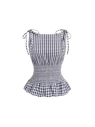 SOLY HUX Women's Plaid Print Tie Shoulder Ruffle Tank Shirts Shir...