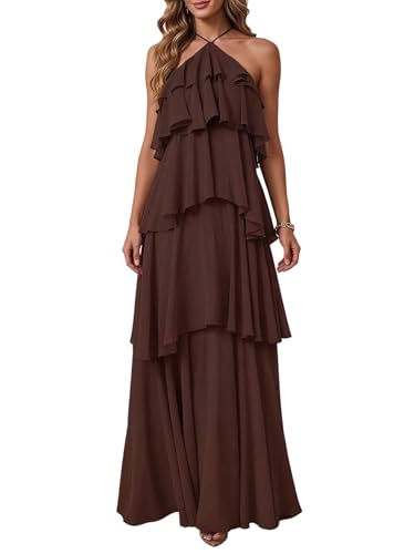 SOLY HUX Womens Wedding Guest Dress Sundresses Ruffle Layered Halter Backless Flowy Formal Maxi Dresses Coffee Brown Large