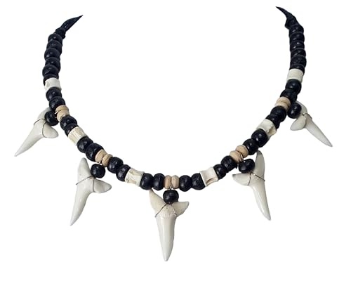 5! Genuine Shark Teeth Necklace for Men, Mako Shark Tooth Necklace, Handmade Wooden Beads Adjustable Cords Shark Tooth Necklace for Women Jewelry GA378