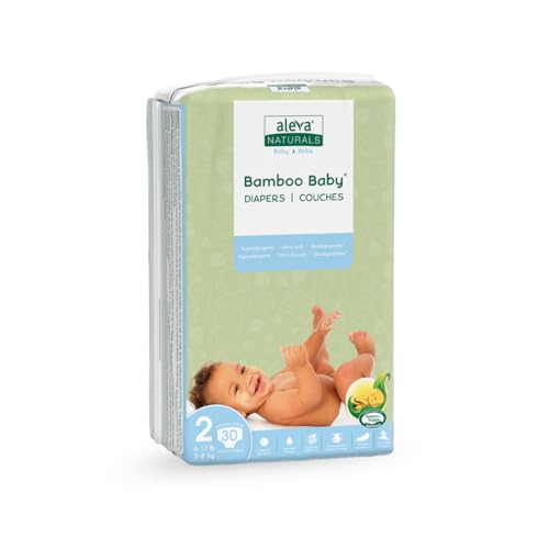 Aleva Naturals Hypoallergenic Bamboo Baby Diapers for Baby, Ultra Soft, Sensitive Skin Friendly, Biodegradable, Disposable– Size 2 (6-17 lbs/3-8 kg) | 30ct,37845