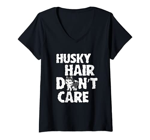 Womens Siberian Husky Hair Don't Care Dog V-Neck T-Shirt, Black