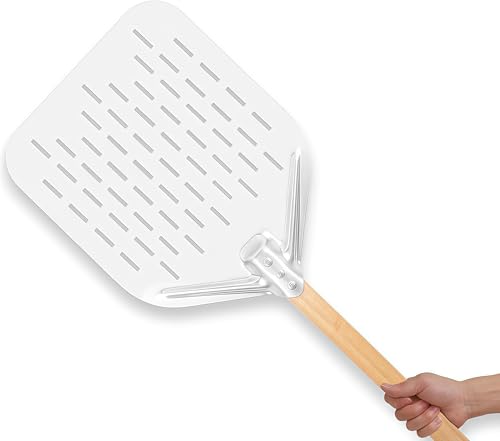 NSXVIA Pizzaschieber perforiert 39.5 * 30 * 70 cm Aluminium Pizzaschaufel mit abnehmbarem Holzgriff leichte Pizza Peel Pizzaheber & Pizzawender für Ofen Pizza Zubehör (wood)