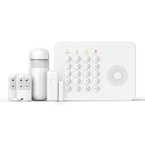Wireless home security system components including a control panel, motion sensor, and remote key fobs, showcasing essential technology for building a smarter home.