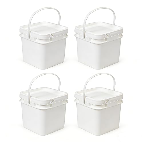 UMETASS Food Storage Buckets with Lids - 4 Set Square Plastic Containers Airtight Pressure Seal & Handle for Kitchen Freezer Prep (White 68 oz)