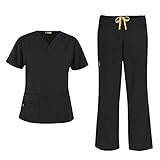 WonderWink Origins Women's 6016 Bravo V-Neck Top & Romeo Drawstring Pant 5026 Medical Uniforms Scrub Set (Black - Medium/Medium)