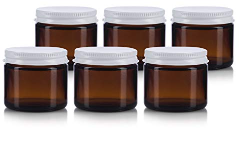 2 oz / 60 ml Amber Thick Glass Jar with White Metal Airtight Lid (6 pack)