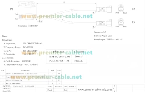 Cable Ethernet Automotriz Rosenberger H-MTD a RJ45 Cat6A 1 m miniatura 7