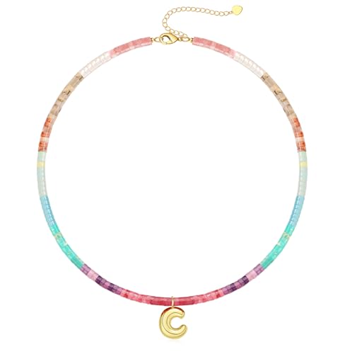 Beaded Initial Necklaces for Women Teen Girl Gifts Trendy Stuff Colorful Gemstone Choker Necklace with Bubble A-Z Stocking Stuffers for Teens Christmas Gifts for Her Birthday Summer Beach Jewelry for Daughter Sister Friend