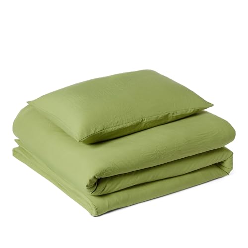 Amazon Basics Set Copripiumino Singolo in Microfibra Prelavata, Extra Morbido con Effetto Naturale Arricciato, Non Necessita Stiratura, Copripiumino da 135 x 200 cm e 1 Federa da 50 x 80 cm, Verde