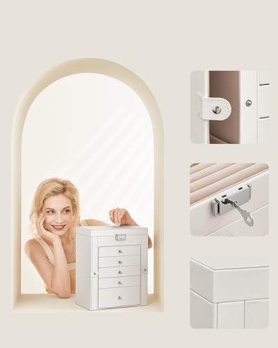 SONGMICS 6 Tier Jewelry Box with Drawers, Mirror and Lock, Storage Organizer for Bracelets Earrings Rings Necklaces Watches, Christmas gifts, White UJBC152W01