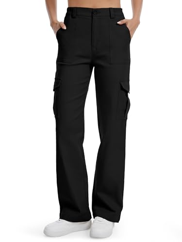 Image of SEVEGO Tall Women 32" Long Inseam Cargo Pants High Waisted Baggy Stretchy Wide Leg Y2K Streetwear Work Trousers, Black, S