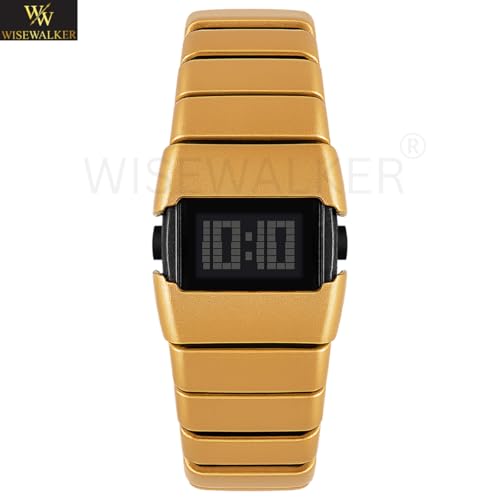 Image of WiseWalker Unisex GenZ Luxury Style Digital Gold Watch Unique Band with LED Display Digital Watch | Retro Digital LED Watch Black Display Screen Modern Fashion Timepiece | Wristwatch For Men and Women