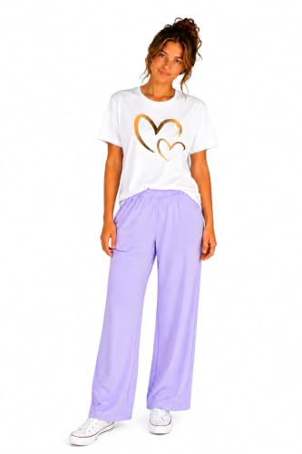 Image of ELVIA Women's Pure Cotton Top and Pyjama Co-Ord Set | Double Heart Graphic Printed Night Suit | Regular Fit Half Sleeve Round Neck T-Shirt with Pajama Sleepwear Loungewear Set